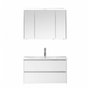 Pelipal Badmöbel-Set 103 cm Serie 6040 Weiß Matt/ Weiß Matt Touch Mineralmarmor-Waschtisch, Waschtischunterschrank, Spiegelschrank