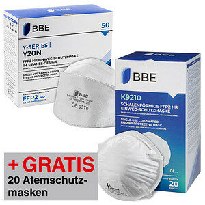 AKTION: 50 BBE SOLUTIONS Atemschutzmasken Y20N FFP2 NR DIN EN 149:2001, A1:2009 + GRATIS 20 St. BBE Atemschutzmasken K9210 FFP2