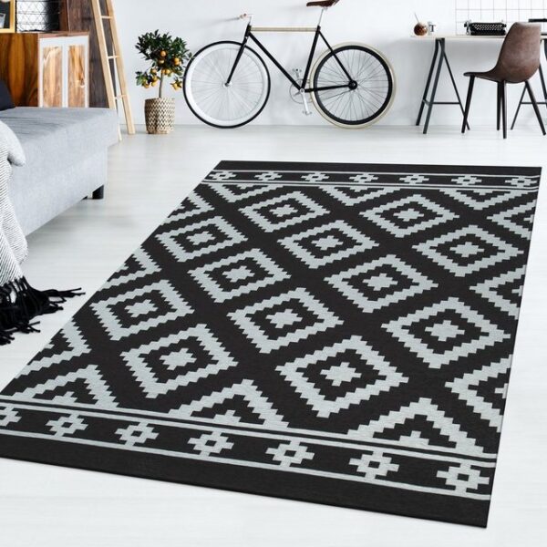 Designteppich Kurzflor Teppich Schwarz Weiß Ethno Rauten Muster Skandinavisches Design, TT Home, rechteckig, Höhe: 13 mm