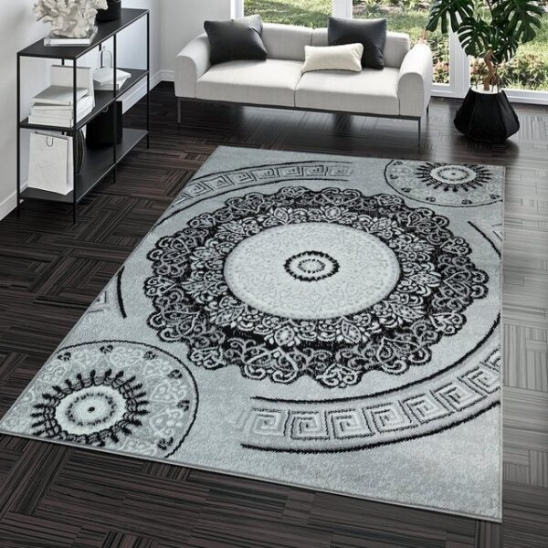 Designteppich Kurzflor Wohnzimmer Teppich Vintage Mandala Muster Orient Optik Grau Schwarz, TT Home, rechteckig, Höhe: 13 mm