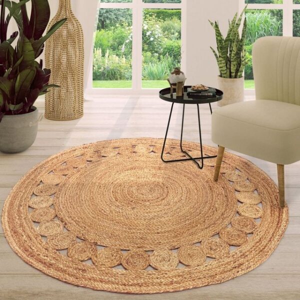 Designteppich Natur-Teppich Wohnzimmer Rund Jute Modern Ethno Boho Handgefertigt Bordüre, TT Home, rund, Höhe: 13 mm