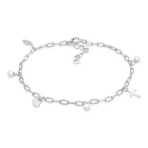 Elli Perlenarmband Kreuz Feder Herz Süßwasserperle Charm 925 Silber