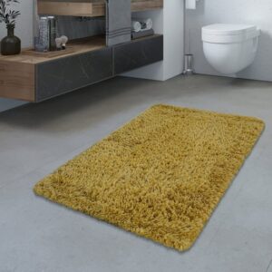 Fußmatte Badezimmer Teppich Hochflor Badematte Modern Kuschelig Weich Uni Gelb, TT Home, rechteckig, Höhe: 44 mm