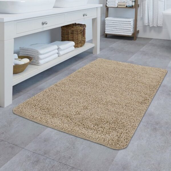 Fußmatte Moderne Badematte Im Uni Look Trendiger Hochflor Badteppich Rutschfest In Beige, TT Home, rechteckig, Höhe: 24 mm