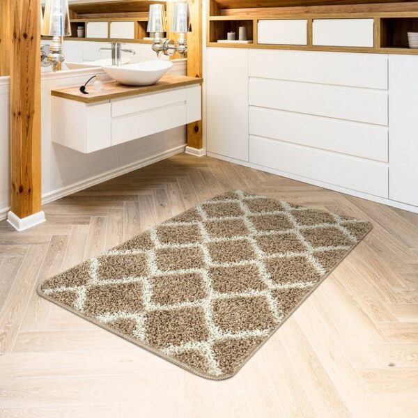 Fußmatte Moderne Badematte Mit Rautenmuster Trendiger Hochflor Badteppich In Beige Weiß, TT Home, rechteckig, Höhe: 24 mm