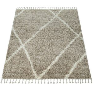 Hochflor-Teppich Skandi Teppich Wohnzimmer Beige Creme Hochflor Shaggy Rauten Fransen Weich, TT Home, rechteckig, Höhe: 44 mm