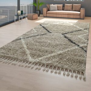 Hochflor-Teppich Teppich Beige Hochflor Wohnzimmer Weich Flauschig Skandi Optik Rauten Design, TT Home, rechteckig, Höhe: 44 mm