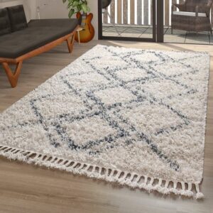 Hochflor-Teppich Teppich Rautenmuster Hochflor Shaggy Modern Wohnzimmer Karo In Creme Blau, TT Home, rechteckig, Höhe: 54 mm