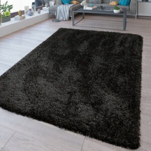Hochflor-Teppich Waschbarer Hochflor Teppich Shaggy Flokati Look In Uni Schwarz, TT Home, rechteckig, Höhe: 44 mm