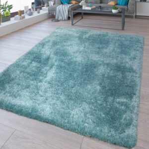 Hochflor-Teppich Waschbarer Hochflor Teppich Shaggy Flokati Look In Uni Türkis, TT Home, rechteckig, Höhe: 44 mm