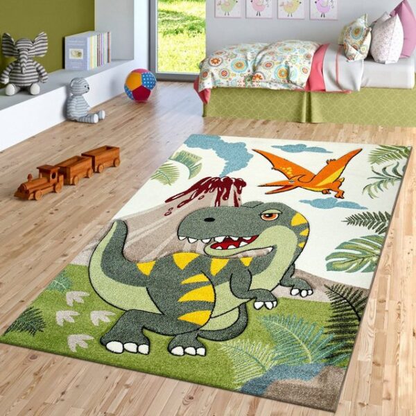 Kinderteppich Kinderzimmer Kurzflor Teppich Dinosaurier Motiv Konturenschnitt Grün Modern, TT Home, eckig, Höhe: 16 mm