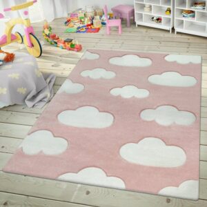 Kinderteppich Kinderzimmer Kurzflor Teppich Konturenschnitt 3D Optik Wolken Muster Modern Pink, TT Home, rund, Höhe: 16 mm