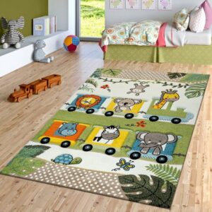 Kinderteppich Kurzflor Kinderzimmer Teppich Afrikatiere Im Zug Konturenschnitt Grün Modern, TT Home, rechteckig, Höhe: 16 mm