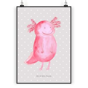 Mr. & Mrs. Panda Poster Axolotl glücklich - Grau Pastell - Geschenk, Wandposter, gute Laune, Axolotl glücklich (1 St)
