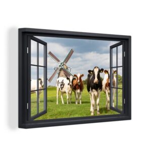 OneMillionCanvasses® Leinwandbild Aussicht - Kuh - Mühle - Kühe - Wiese - Gras - Grün, (1 St), Wandbild Leinwandbilder, Aufhängefertig, Wanddeko