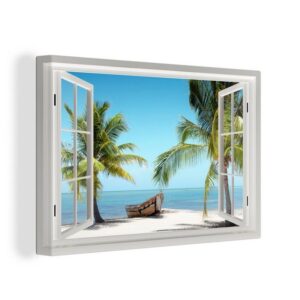 OneMillionCanvasses® Leinwandbild Aussicht - Strand - Palme - Boot - Tropisch - Meer - Blau, (1 St), Wandbild Leinwandbilder, Aufhängefertig, Wanddeko
