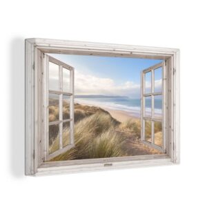 OneMillionCanvasses® Leinwandbild Durchblick - Strand - Meer - Dünen - Strandgras - Sand - Blau, (1 St), Wandbild Leinwandbilder, Aufhängefertig, Wanddeko