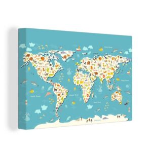 OneMillionCanvasses® Leinwandbild Weltkarte - Kinder - Tiere - Kinder - Jungen - Mädchen, (1 St), Wandbild Leinwandbilder, Aufhängefertig, Wanddeko