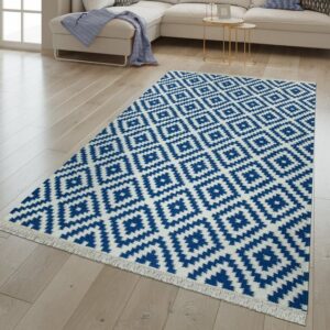 Orientteppich Handgewebter Fransen Trend Teppich Moderne Marokkanische Muster Blau Weiß, TT Home, rechteckig, Höhe: 12 mm