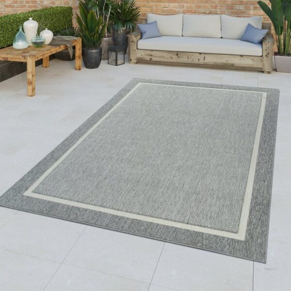 Outdoorteppich Kurzflor In- & Outdoor Teppich 3D Effekt Bordüre Muster Natürlicher Look Grau, TT Home, rechteckig, Höhe: 8 mm