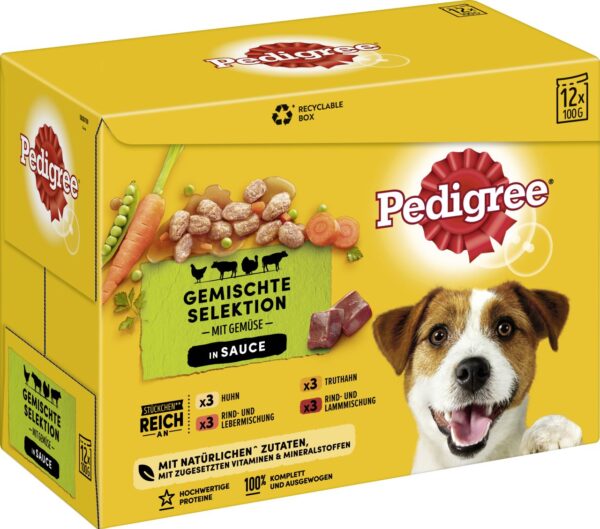 Pedigree Adult Gemischte Selektion mit Gemüse & Sauce 4 Varietäten Hundefutter 12 x 100g