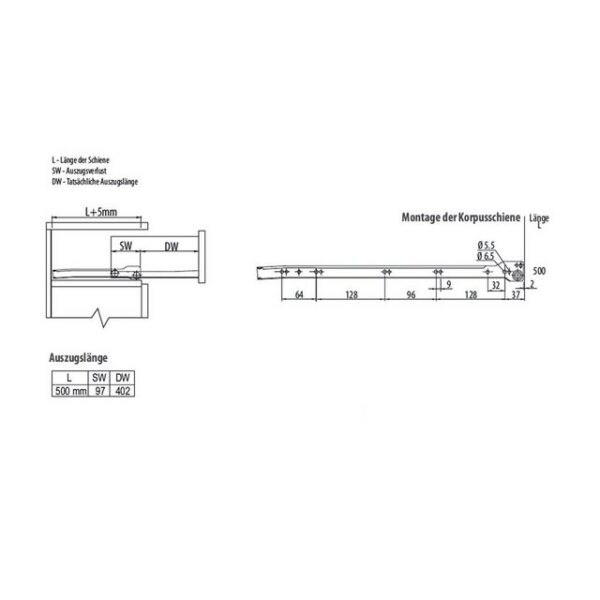 SO-TECH® Auszug (20 St), Teilauszüge TAW01 500mm weiß Schubladen für Holzschubläden zur Befestigung an der Schubkastenunterseite