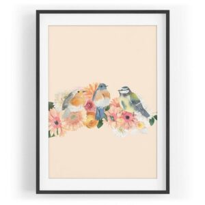 Sinus Art Wandbild Vogel Motiv Blaumeisen Blumen Blüten Farbenfroh Wasserfarben