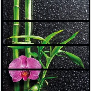 Wallario Möbelfolie Bambus und pinke Orchidee auf schwarzem Glas mit Regentropfen