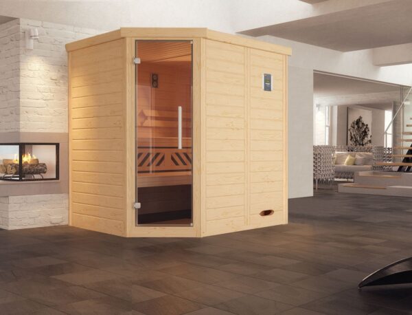 Weka Design-Sauna Kemi Eck mit Glastür und Wohlfühl-Paket