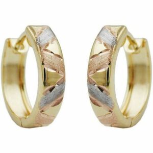 Gallay Paar Creolen Ohrring 11,5x3mm Klappscharnier tricolor diamantiert 9Kt GOLD