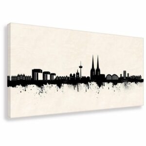 Leinwando Gemälde Leinwandbild / Cologne City - Köln Großstadt in NRW Panorama in Light, Beige, SW / Kunst - Wandbild fertig zum aufhängen in versch- Größen