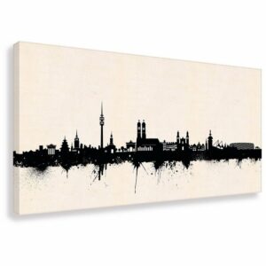 Leinwando Gemälde Leinwandbild / München Panorama Skyline -> Big City Großstadt in Light, Beige, SW / Kunst - Wandbild fertig zum aufhängen in versch- Größen