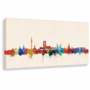 Leinwando Gemälde Leinwandbild / München Panorama Skyline -> Big City Großstadt in Light, Beige, SW / Kunst - Wandbild fertig zum aufhängen in versch- Größen