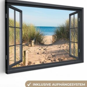 OneMillionCanvasses® Leinwandbild Durchblick - Strand - Meer - Sand - Wasser - Strandhafer - Dünen, (1 St), Wandbild Leinwandbilder, Aufhängefertig, Wanddeko, 30x20 cm