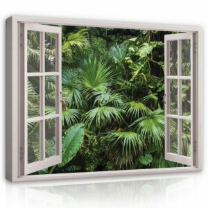 Wallarena Leinwandbild Fensterblick Dschungel Wald Blätter Grün Fenster Wandbild Groß XXL Wandbilder Leinwandbilder Modern Canvas Kunstdruck Bild Auf Leinwand Bilder für Wohnzimmer Schlafzimmer, (Einteilig), Aufhängefertig