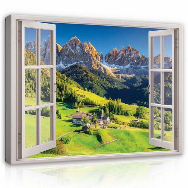 Wallarena Leinwandbild Fensterblick Natur Berge Alpen Wald Landschaft Fenster Wandbild Groß XXL Wandbilder Leinwandbilder Modern Canvas Kunstdruck Bild Auf Leinwand Bilder für Wohnzimmer Schlafzimmer, (Einteilig), Aufhängefertig