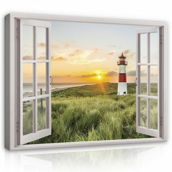 Wallarena Leinwandbild Fensterblick Natur Strand Leuchtturm Meer Fenster Wandbild Groß XXL Wandbilder Leinwandbilder Modern Canvas Kunstdruck Bild Auf Leinwand Bilder für Wohnzimmer Schlafzimmer, (Einteilig), Aufhängefertig