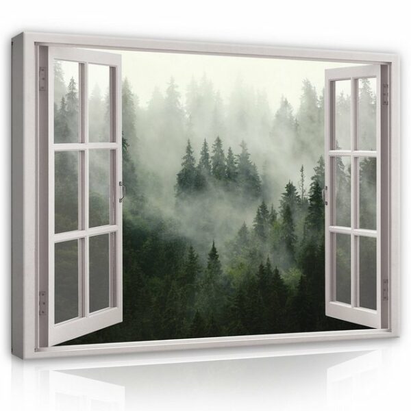 Wallarena Leinwandbild Fensterblick Natur Wald im Nebel Fenster Wandbild Groß XXL Wandbilder Leinwandbilder Modern Canvas Kunstdruck Bild Auf Leinwand Bilder für Wohnzimmer Schlafzimmer, (Einteilig), Aufhängefertig