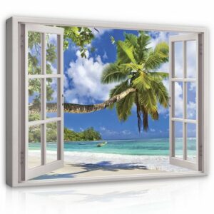 Wallarena Leinwandbild Fensterblick Strand Palm Fenster Wandbild XXL Modern Canvas Wohnzimmer, (Einteilig), Aufhängefertig