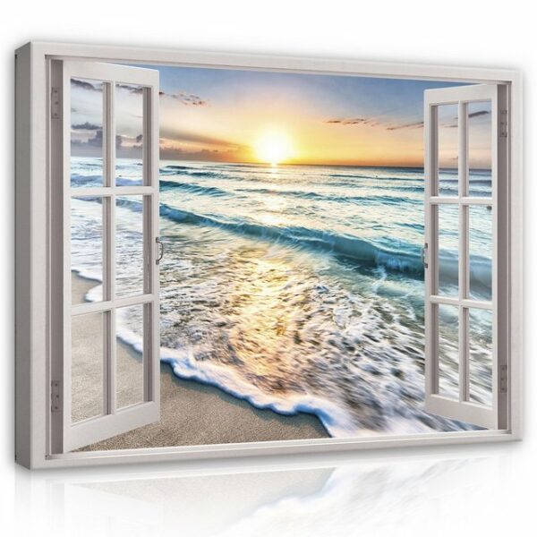 Wallarena Leinwandbild Fensterblick Strand Palmen Meer Sonne Fenster Wandbild Groß XXL Wandbilder Leinwandbilder Modern Canvas Kunstdruck Bild Auf Leinwand Bilder für Wohnzimmer Schlafzimmer, (Einteilig), Aufhängefertig