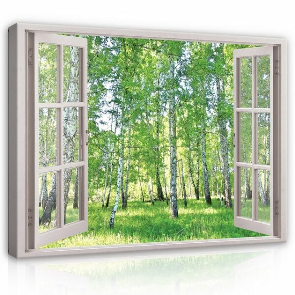 Wallarena Leinwandbild Fensterblick Wald Birkenwald Birken Natur Fenster Wandbild Groß XXL Wandbilder Leinwandbilder Modern Canvas Kunstdruck Bild Auf Leinwand Bilder für Wohnzimmer Schlafzimmer, (Einteilig), Aufhängefertig