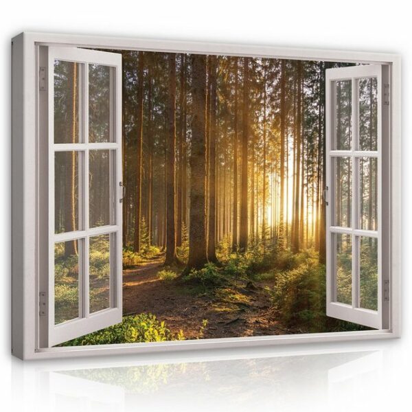 Wallarena Leinwandbild Fensterblick Wald Sonne Natur Fenster Wandbild Groß XXL Wandbilder Leinwandbilder Modern Canvas Kunstdruck Bild Auf Leinwand Bilder für Wohnzimmer Schlafzimmer, (Einteilig), Aufhängefertig