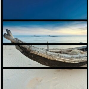 Wallario Möbelfolie Fischerboot am Strand mit Sonnenuntergang