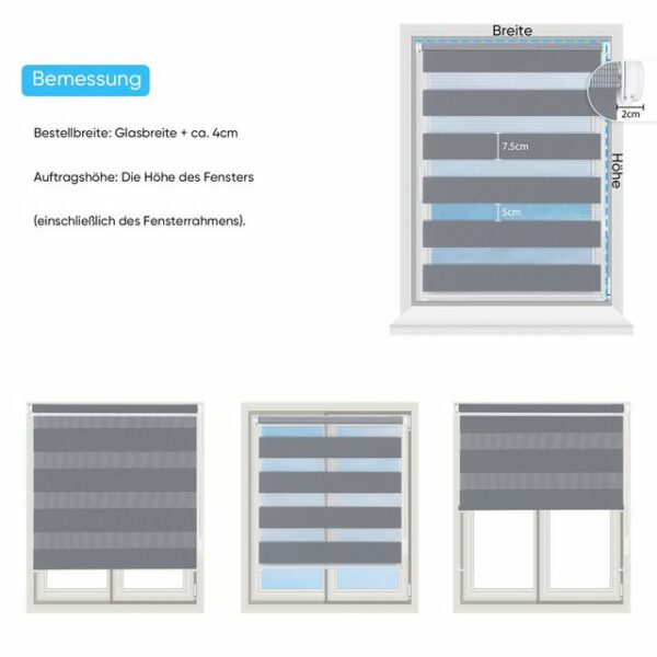 Doppelrollo Klemmfix ohne Bohre verdunkelnd Fensterrollo Seitenzugrollo Grau, Sekey, Klemmfix, für Fenster und Tür