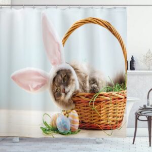 Abakuhaus Duschvorhang Moderner Digitaldruck mit 12 Haken auf Stoff Wasser Resistent Breite 175 cm, Höhe 180 cm, Osterhase Katze als Oster-Kaninchen