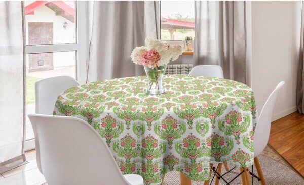 Abakuhaus Tischdecke Kreis Tischdecke Abdeckung für Esszimmer Küche Dekoration, Damast Grünes Laub Osten