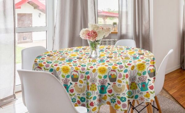 Abakuhaus Tischdecke Kreis Tischdecke Abdeckung für Esszimmer Küche Dekoration, Gekritzel Ostern-Küken-Ei Sun Blumen