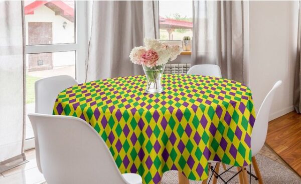Abakuhaus Tischdecke Kreis Tischdecke Abdeckung für Esszimmer Küche Dekoration, Grün und Lila Karneval Rhombs