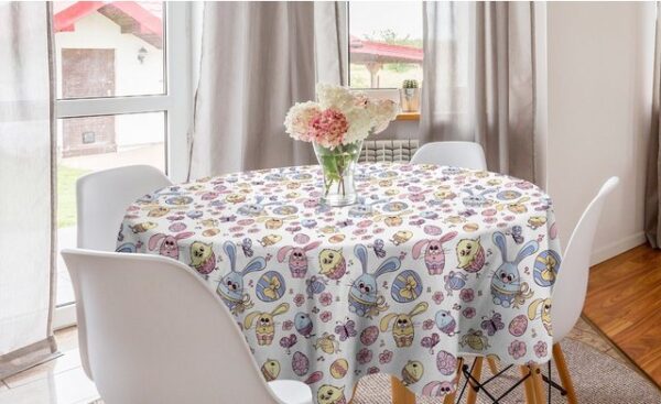 Abakuhaus Tischdecke Kreis Tischdecke Abdeckung für Esszimmer Küche Dekoration, Ostern Kinder-Häschen und Huhn