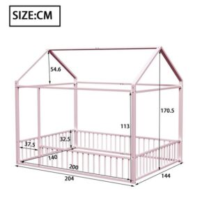 Flieks Metallbett, Kinderbett Hausbett Doppelbett 140X200cm mit Dach ohne Lattenrost